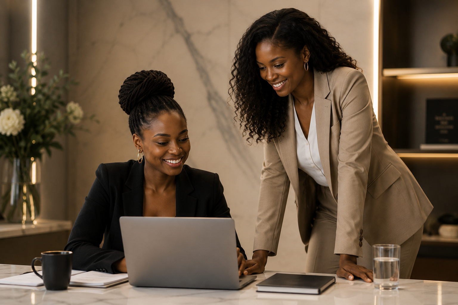 Two women collaborating in a refined professional office